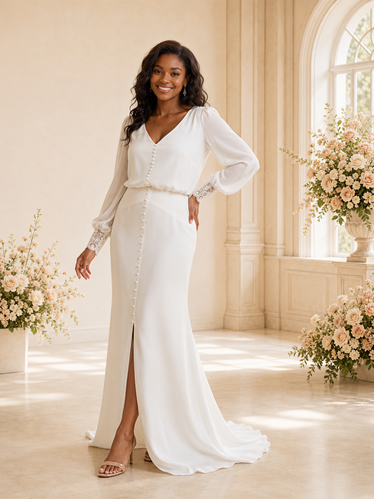 ChicSew Elegant V-Neck Long Sleeves Button Chiffon Mermaid Maxi Wedding Dress