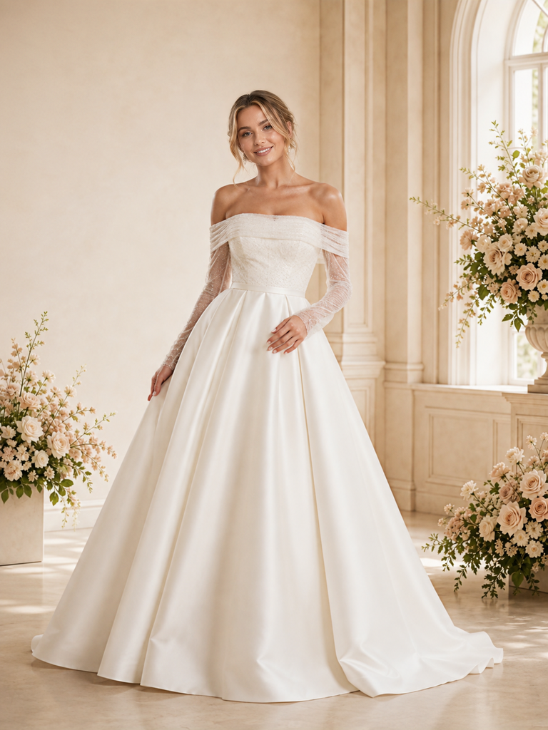 ChicSew Classy Unique Off The Shoulder Long Sleeves Satin A-Line Maxi Wedding Dress With Lace