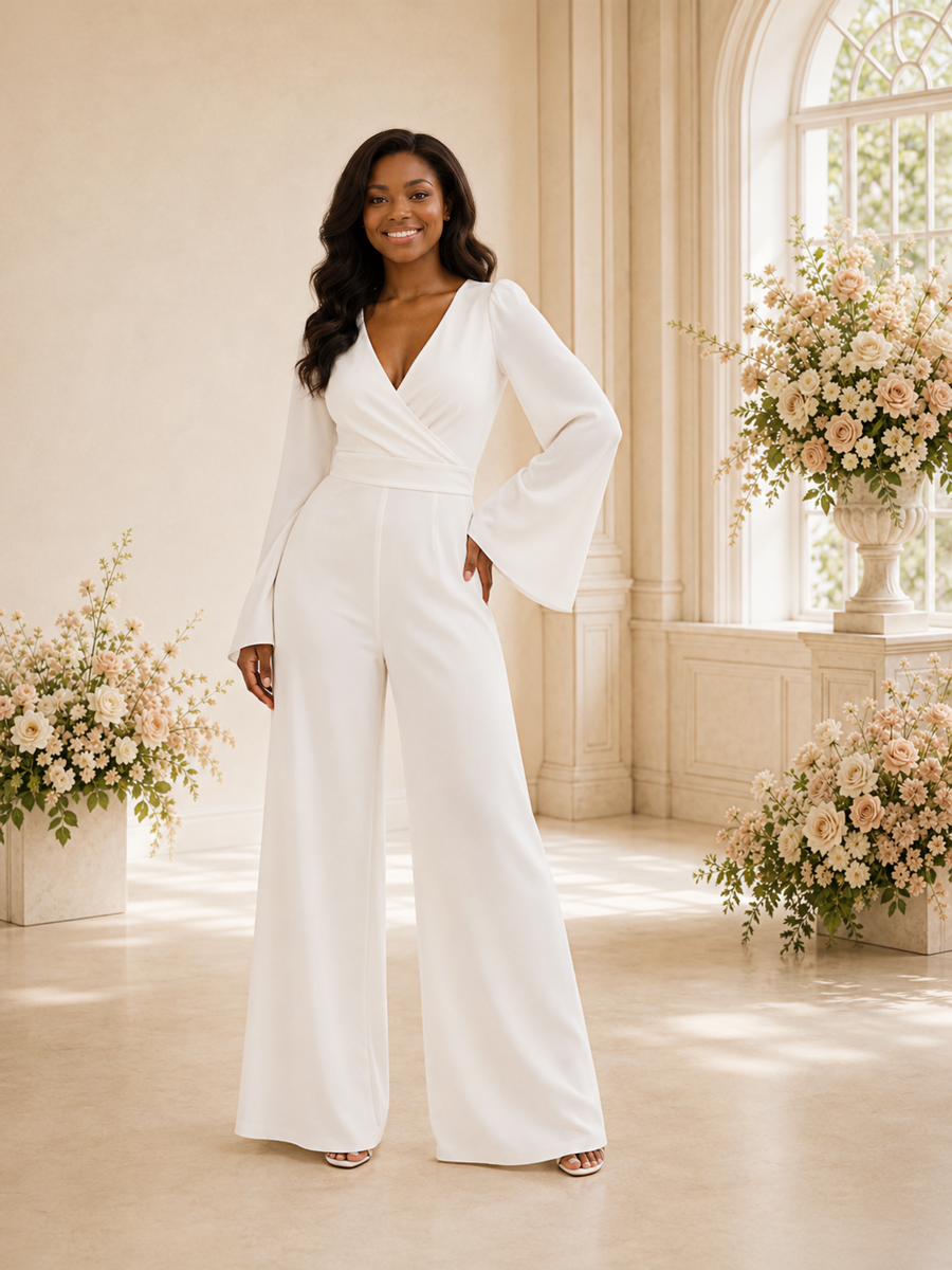 ChicSew Modern Crepe V-Neck Long Sleeves Floor-Length Wedding Jumpsuit