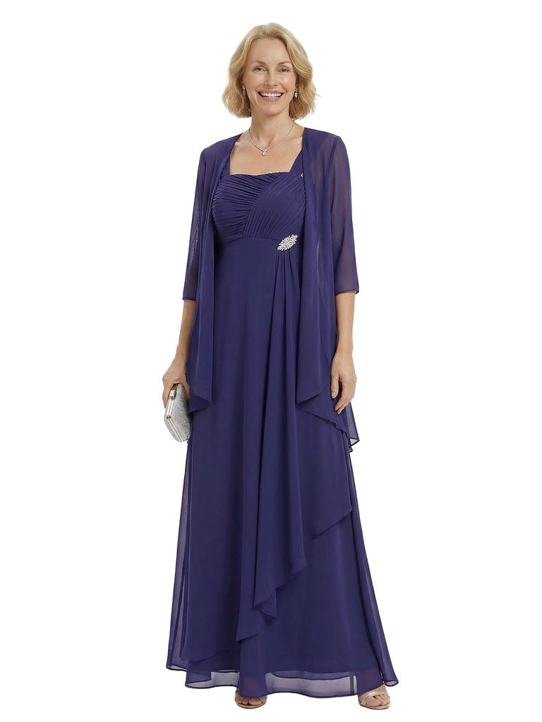 Square Neck Chiffon Mother Of The Bride Two Piece Maxi Gown Formal Wedding Guest Dress
