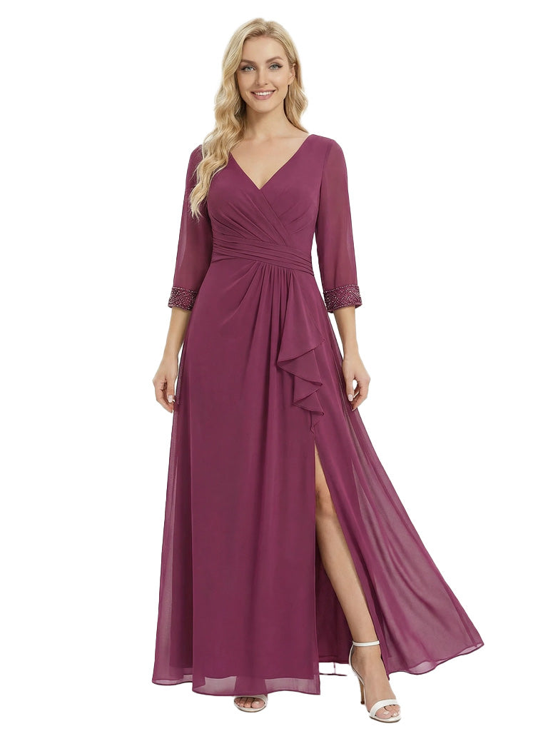 Elegant A-Line V-Neck Ruffles Side Slit 3/4 Sleeves Mother Of The Bride Dress Chiffon Gown