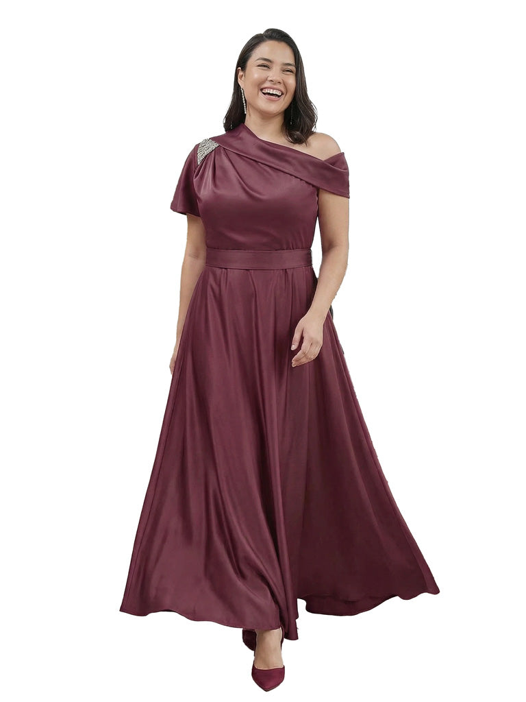 Chic One Shoulder Beaded Detail A-Line Satin Mother of The Bride Dress