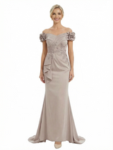 Chicsew Fancy Satin Off Shoulder Lace Appliques Ruched Mermaid Mother Of The Groom Gowns