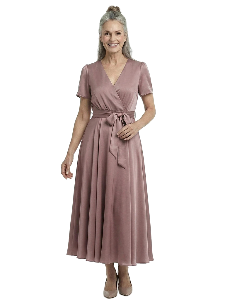 ChicSew Elegant V-Neck Short Sleeves Satin A-Line Tea-Length Mother Of The Bride Dresses