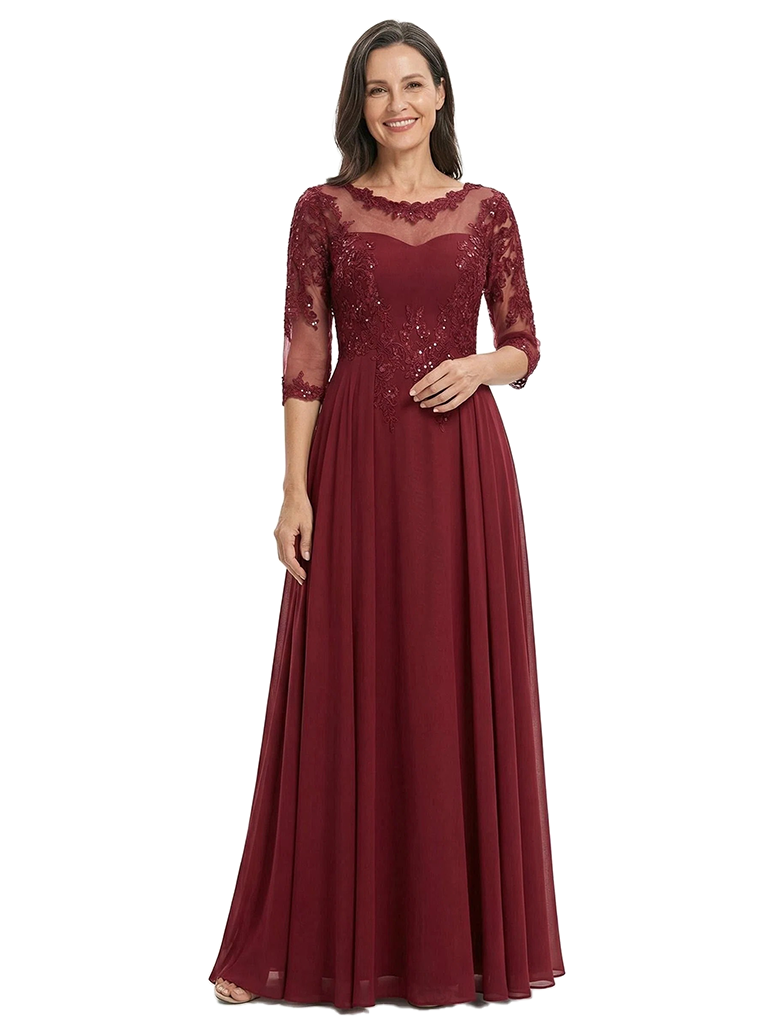ChicSew Modern Illusion A-Line Mother Of The Groom Gowns Lace Applique Chiffon Floor Length
