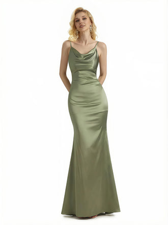 Sexy Cowl Neck Silky Satin Mermaid Maxi Evening Gowns For Women Criss Cross