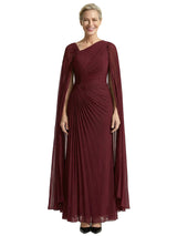 Elegant Asymmetrical Neck Mother of the Bride Gown with Floor Length Cape Sleeves Chiffon Dress
