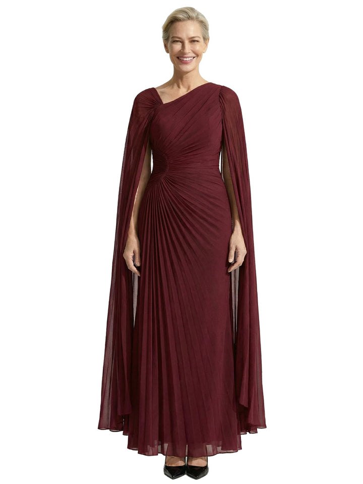 Elegant Asymmetrical Neck Mother of the Bride Gown with Floor Length Cape Sleeves Chiffon Dress