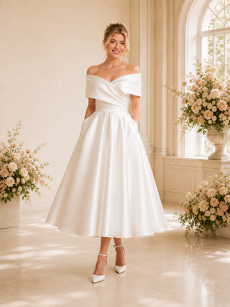 ChicSew Elegant Off The Shoulder A-Line Sleeveless Satin Tea-Length Wedding Dresses With Pocket