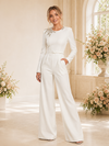 ChicSew Modern Round Neck Long Sleeves Crepe Floor-Length Wedding Jumpsuit With Applique