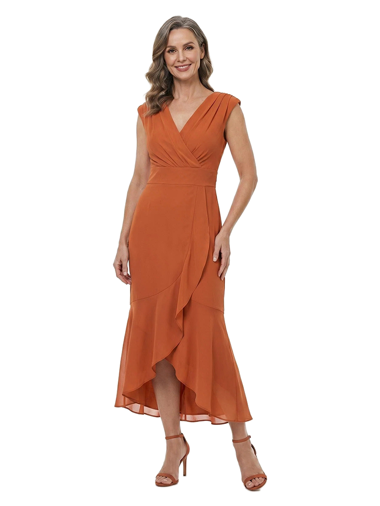 ChicSew V-Neck Ruffle Ruched Chiffon Mermaid Tea-Length Mother Of The Bride Dress