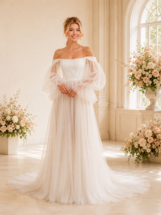 ChicSew Unique A-Line Off The Shoulder Long Sleeves Lace Tulle Maxi Long Wedding Dresses