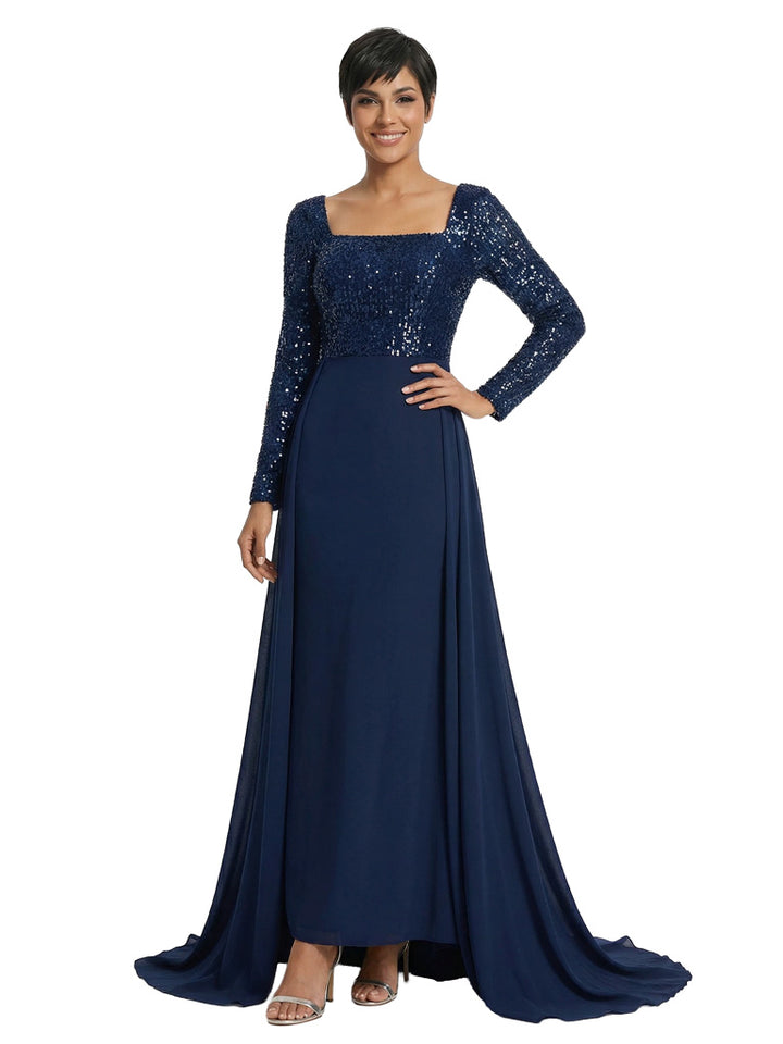 Elegant Sheath Sequin Square Long Sleeves Floor-Length Mother of The Bride Dresses Overskirt