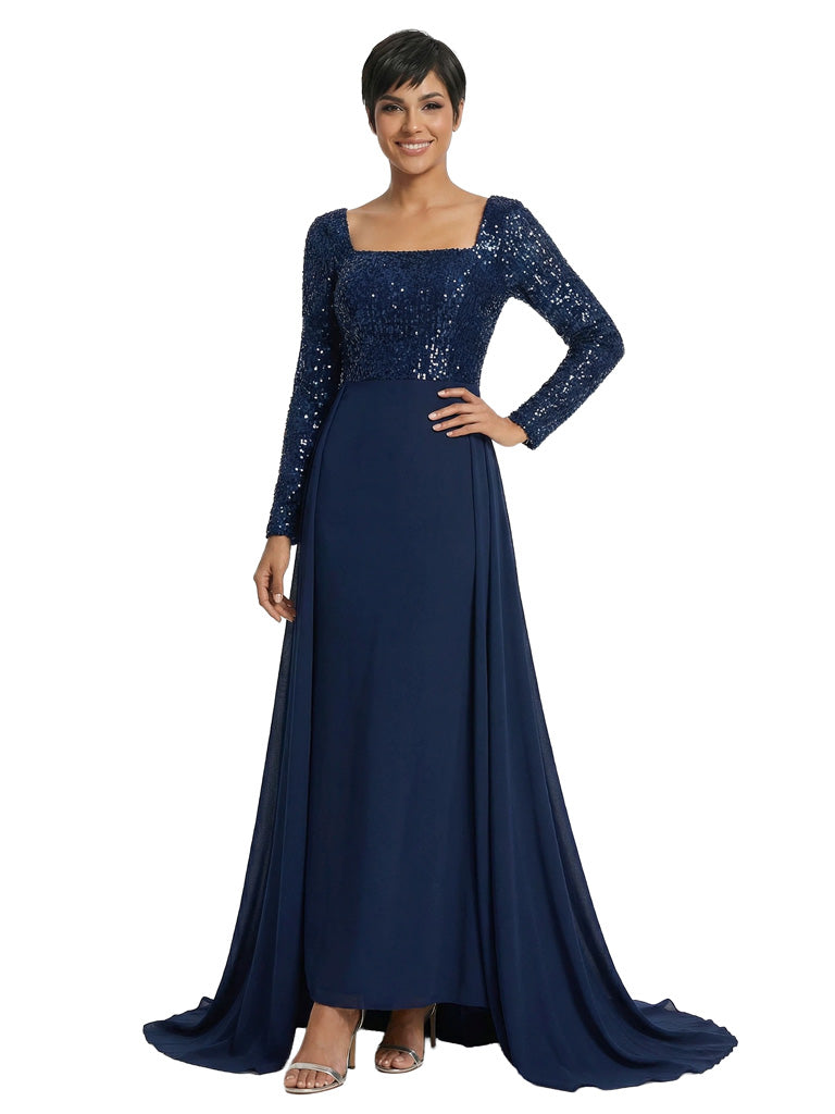 Elegant Sheath Sequin Square Long Sleeves Floor-Length Mother of The Bride Dresses Overskirt