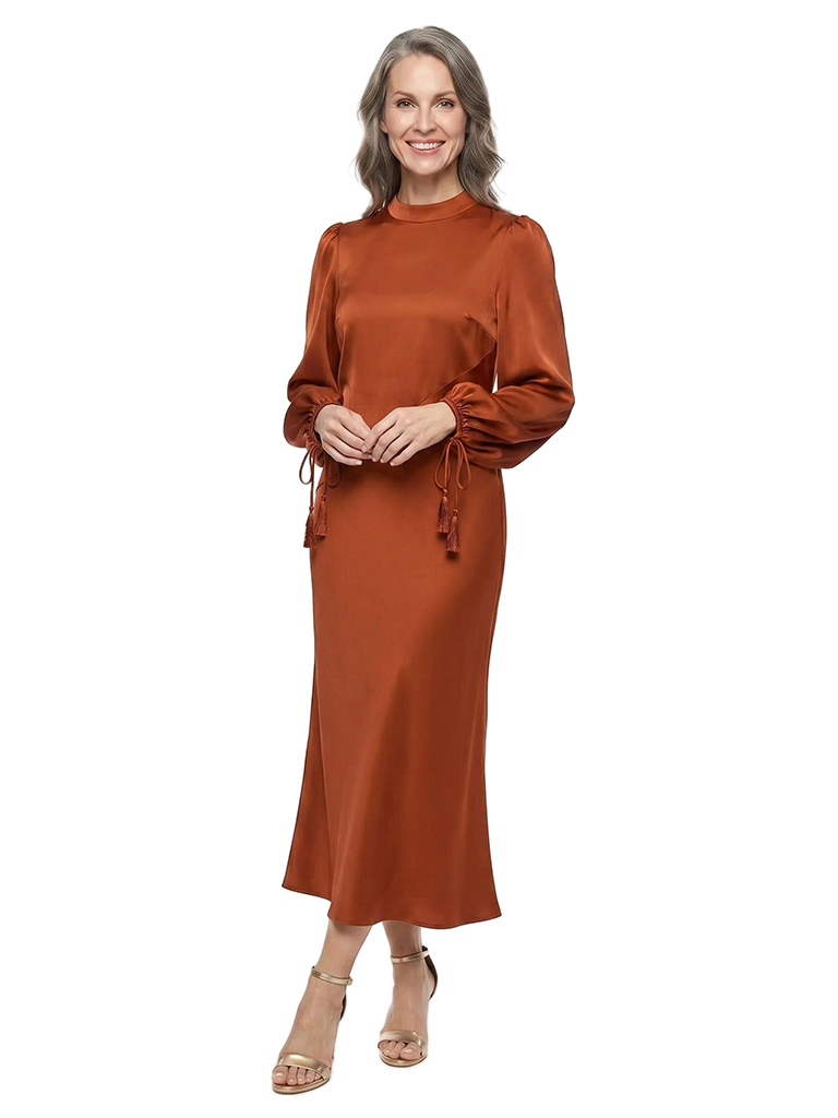 ChicSew Fancy High Neck Mother Of The Bride Dresses Long Sleeve Satin Sheath Evening Gown