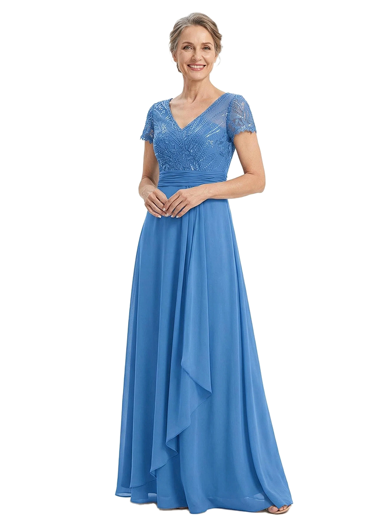 ChicSew Short Sleeves Ruched Chiffon A-Line Mother Of The Bride Dress With Lace Applique V-Neck Gown