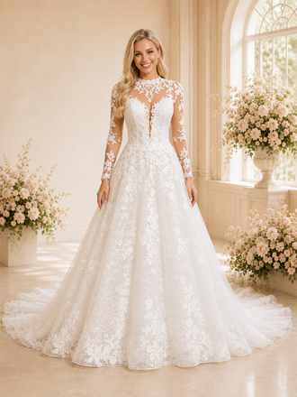 ChicSew Romantic High Neck Long Sleeves Lace Tulle A-Line Maxi Long Wedding Dresses