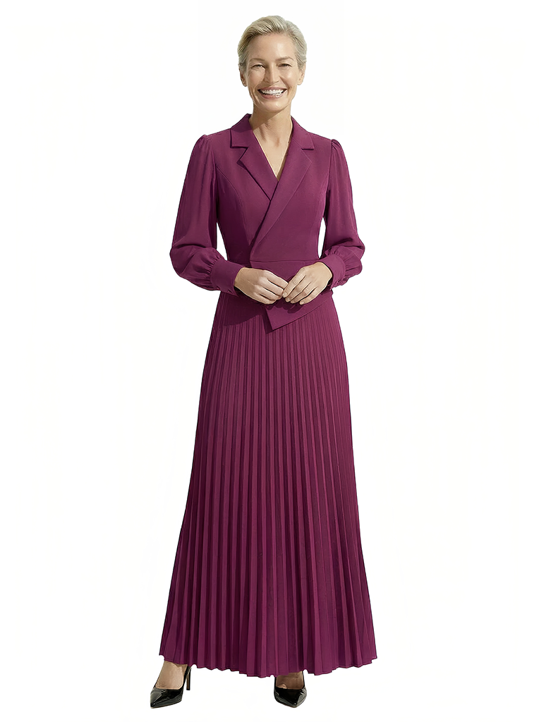Chicsew Mother of The Bride Dress Blazer Neck Long Sleeve Pleated Crepe Maxi Gown Classy Elegant Design