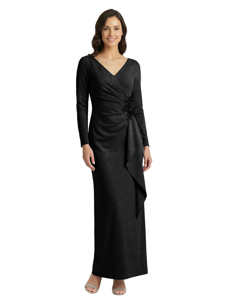 Chicsew Simple V-Neck Long Sleeves Maxi Crepe Ruched Mother of The Groom Dress