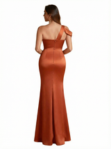 Elegant One Shoulder Side Slit Mermaid Silky Satin Long Formal Dresses