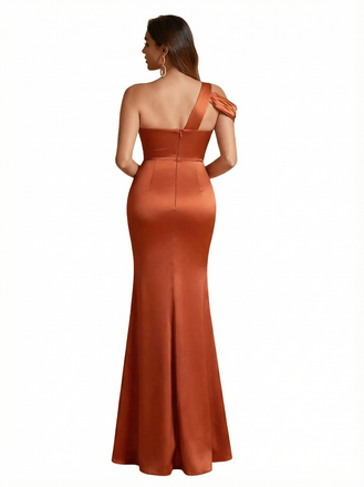 Elegant One Shoulder Side Slit Mermaid Silky Satin Long Formal Dresses