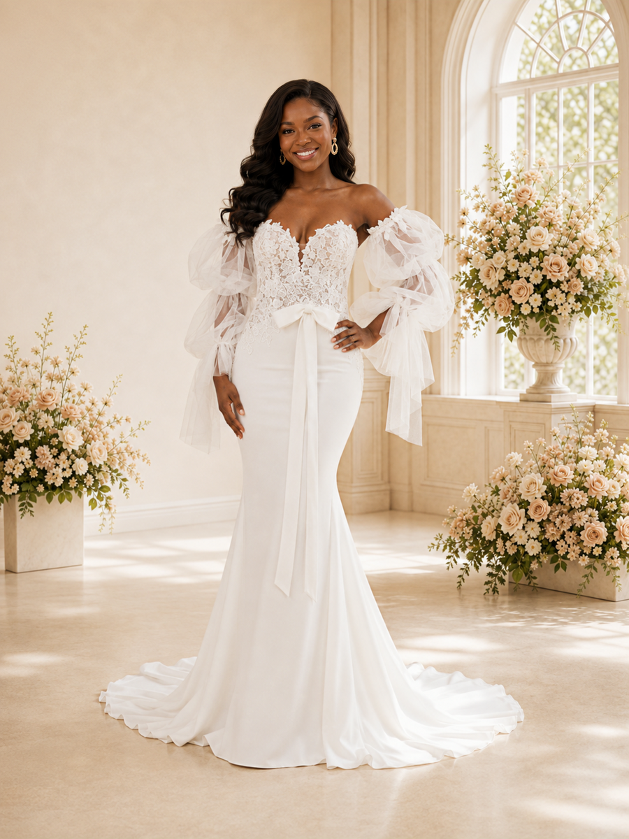 ChicSew Modern Sweetheart Crepe Mermaid Maxi Wedding Dress With Detachable Tulle Sleeves