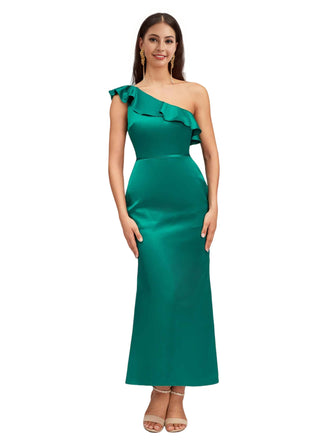Sexy Mermaid Ruffle One Shoulder Soft Satin Ankle-Length Bridesmaid Dresses Online