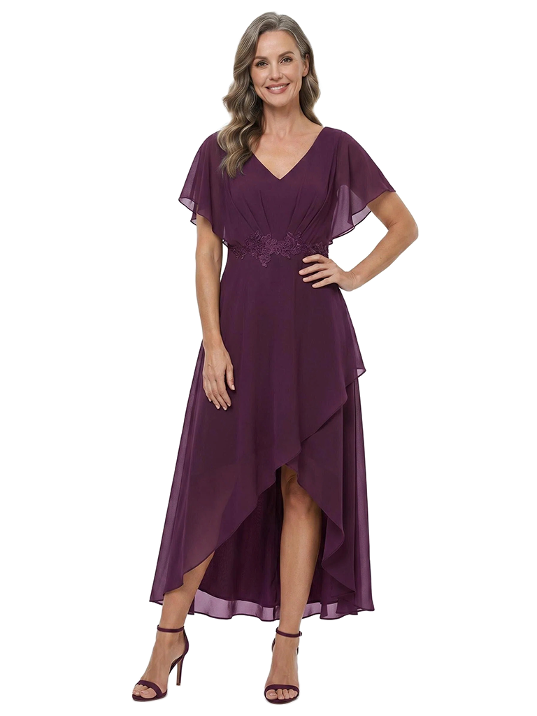 ChicSew V-Neck Flutter Sleeve Lace Applique Chiffon High-Low A-Line Mother of the Bride Dress