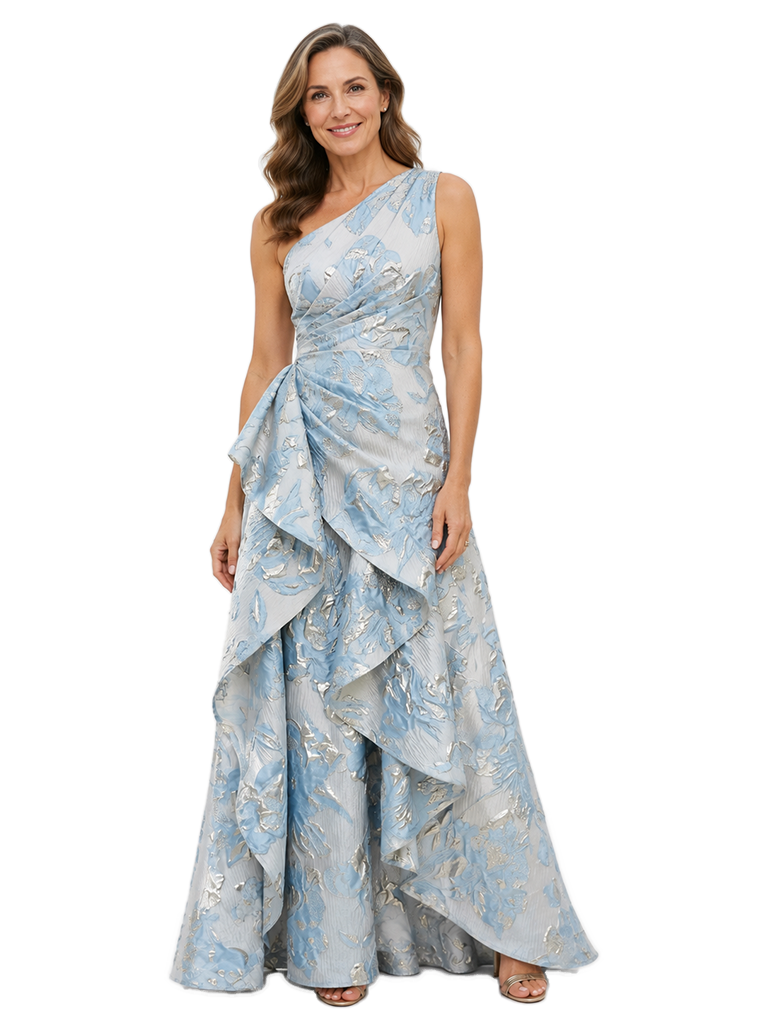 Chicsew Elegant Floral One Shoulder Ruched Ruffle A-Line Long Formal Evening Dresses