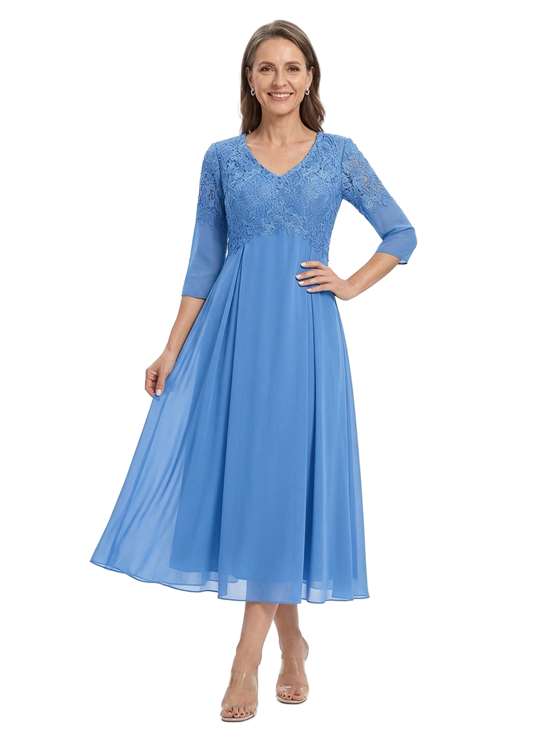 ChicSew V-Neck 3/4 Sleeve Lace Applique A Line Tea Length Chiffon Romantic Mom Of The Groom Dresses