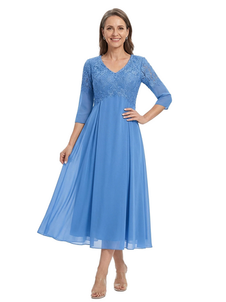ChicSew V-Neck 3/4 Sleeve Lace Applique A Line Tea Length Chiffon Romantic Mom Of The Groom Dresses