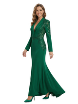 Chicsew Fancy Long Sleeve Satin Mother of The Groom Dress Sequin Lace Accents Fitted Mermaid Elegant Formal Gown