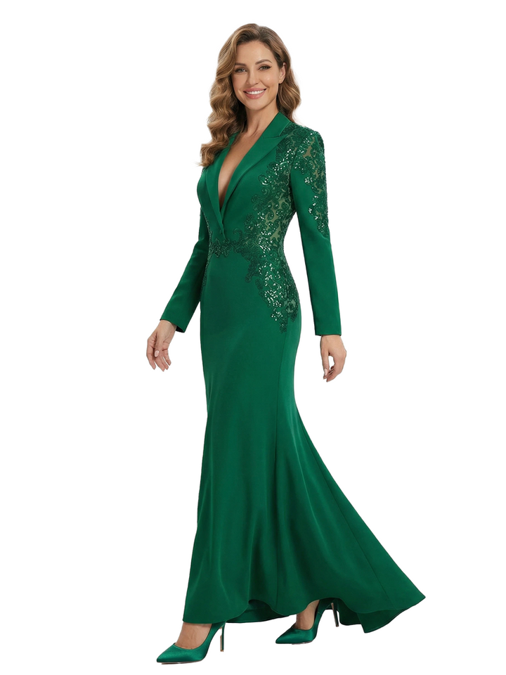 Chicsew Fancy Long Sleeve Satin Mother of The Groom Dress Sequin Lace Accents Fitted Mermaid Elegant Formal Gown