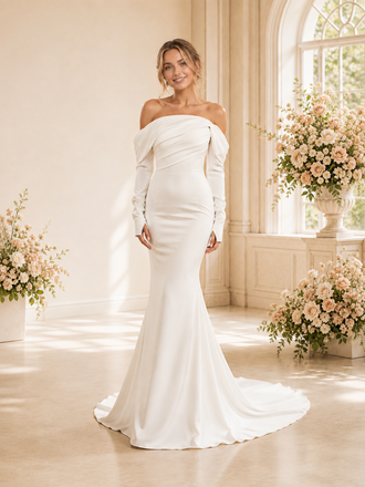 ChicSew Elegant Mermaid Crepe Ruched Off The Shoulder Long Sleeves Floor-Length Wedding Dress