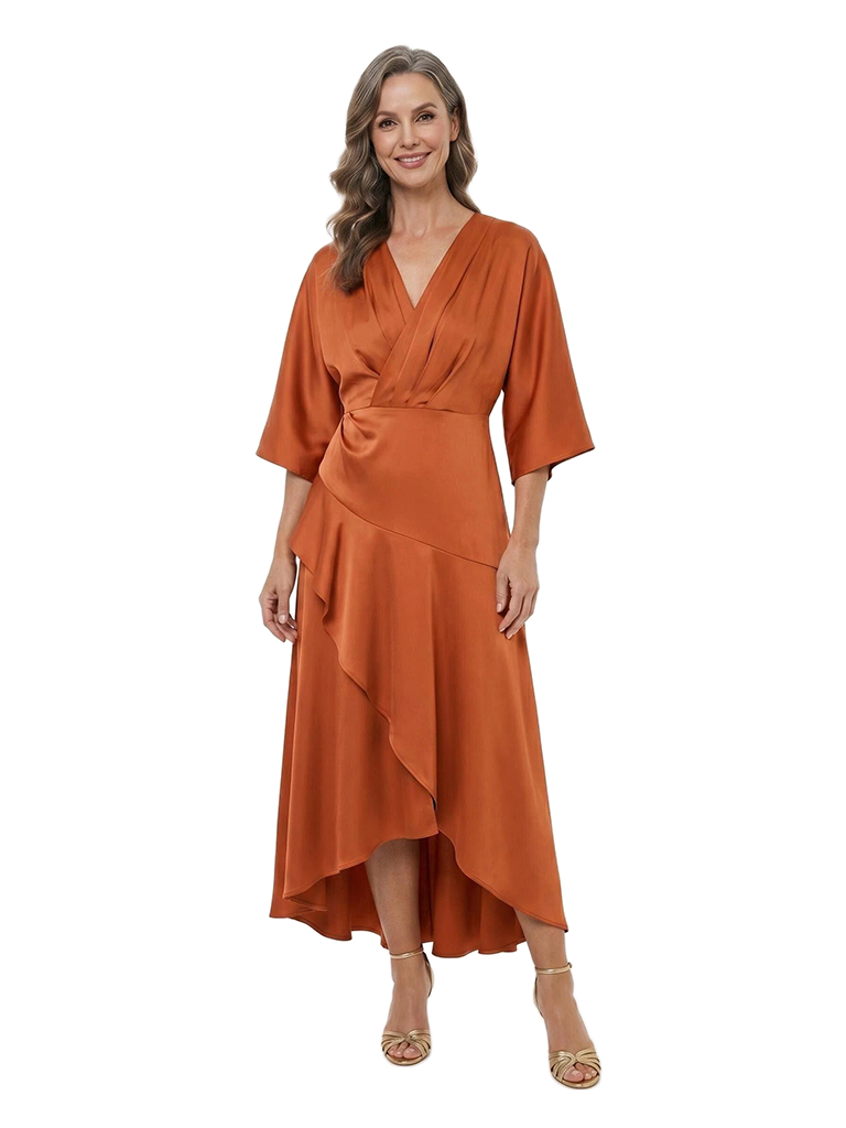 ChicSew V-Neck Half Sleeve A-Line Satin Mother Of The Bride Dress With Ruffle High-Low Classy