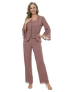 ChicSew Modern Chiffon Mother Of The Bride Pant Suits With Lace Trimmed Bell Sleeves