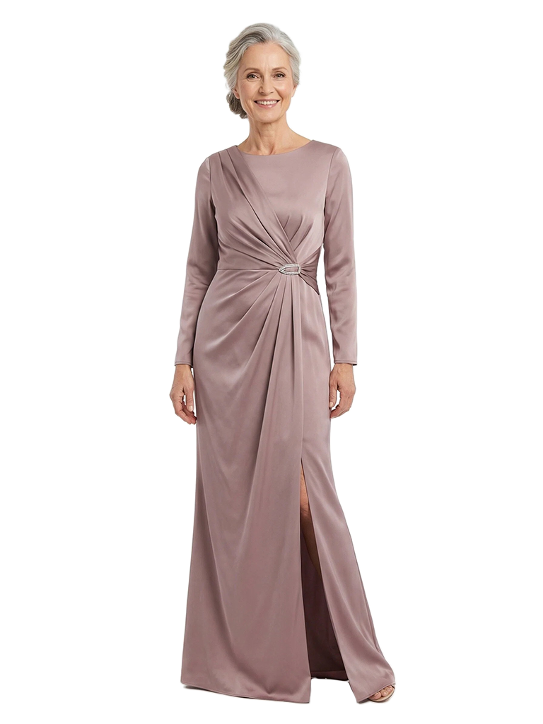 ChicSew Jewel Long Sleeve Soft Satin Side Slit Floor-Length Mother of the Bride Dresses