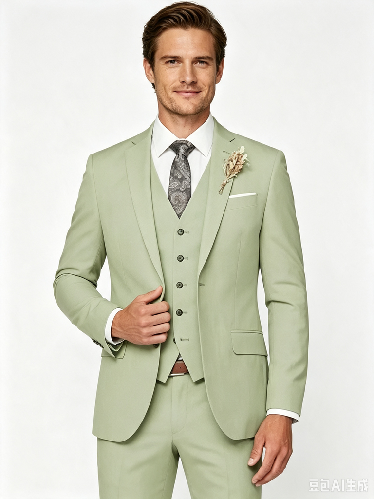 Classic 3 Piece Sage Men's Suit with Regular Fit and Sophisticated Peak Lapel