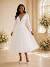 ChicSew Elegant Illusion Long Sleeves Crepe Tulle Tea-Length Wedding Dress