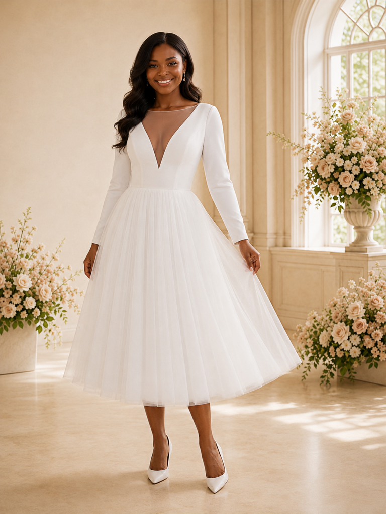 ChicSew Elegant Illusion Long Sleeves Crepe Tulle Tea-Length Wedding Dress
