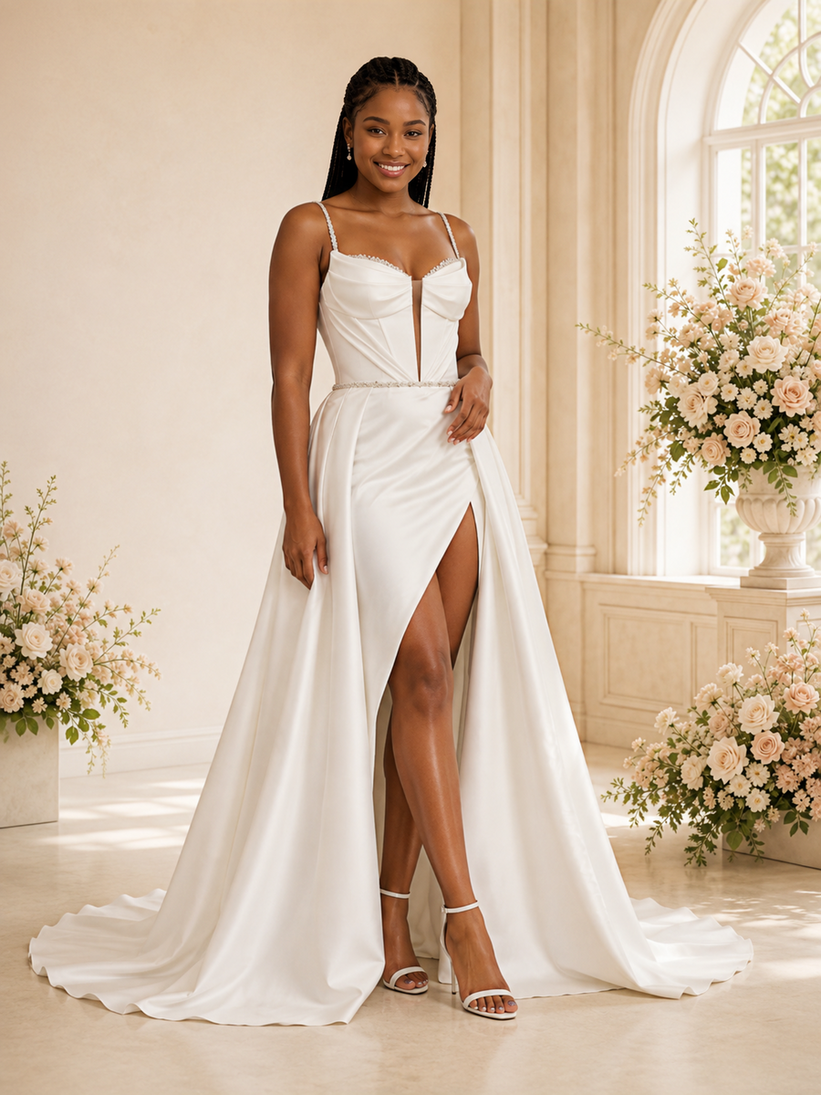 ChicSew Fancy Unique Mermaid Satin Spaghetti Straps Side Slit Wedding Dress With Overskirt