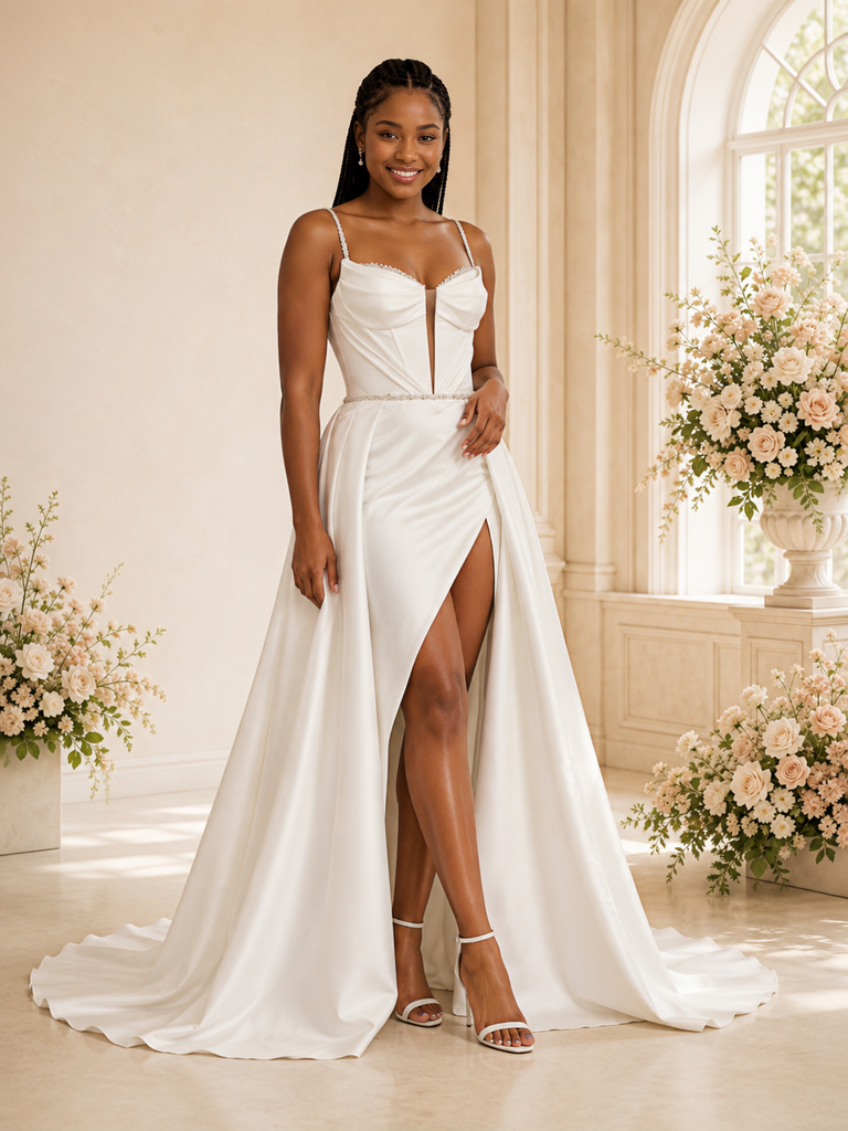 ChicSew Fancy Unique Mermaid Satin Spaghetti Straps Side Slit Wedding Dress With Overskirt