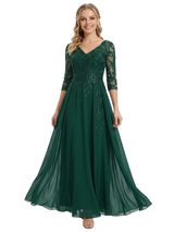 Chicsew Gorgeous Lace Embellished Mother of The Groom Dress 3/4 Sleeves Flowy Chiffon Long Classy Formal Gown