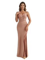 Elegant Mermaid Lace Applique Side Slit Satin Long Bridesmaid Dresses Spaghetti Straps