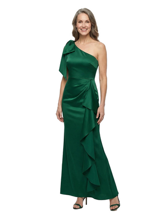 ChicSew One Shoulder Bow Ruffle Detail Satin Ankle Length Mermaid Mother of the Bride Dress