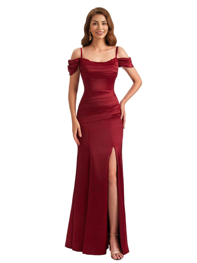 Sexy Cold Shoulder Lace Silky Satin Mermaid Long Bridesmaid Dresses Side Slit
