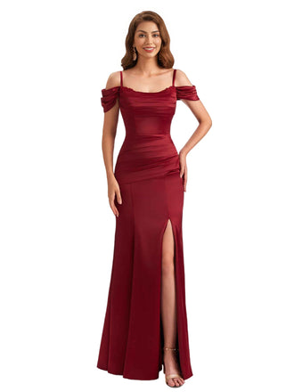 Sexy Cold Shoulder Lace Silky Satin Mermaid Long Bridesmaid Dresses Side Slit