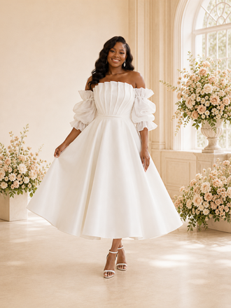 ChicSew Fancy Strapless Ruching Puff Sleeves A-Line Tea-Length Wedding Dress