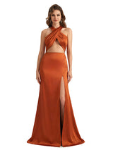 Sexy Mermaid Criss Cross Straps Silky Satin Maxi Formal Evening Dresses For Women Side Slit