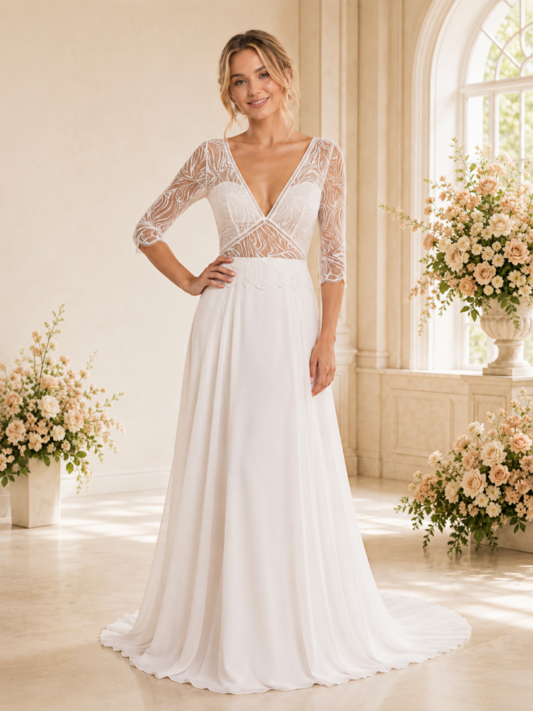 ChicSew Sexy Deep V-Neck 3/4 Sleeves Lace Chiffon A-Line Maxi Wedding Dress